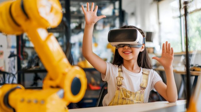 Enthusiastic Young Girl Exploring Robotics and Virtual Reality for STEM Education and Future Technology - Powered by Adobe