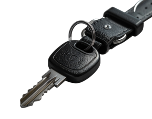 A High-Quality Close-Up Of A Single Metallic Car Key With A Black Textured Plastic Head Attached To A Stylish Leather Key Strap With Metal Studs, Isolated On A Clean Light Gray Neutral Background