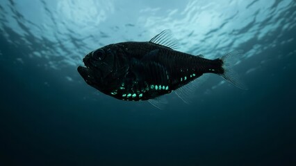 Deep sea fish with glowing green photophores displays its natural bioluminescence in the dark ocean depths, adapting to its environment by generating its own light