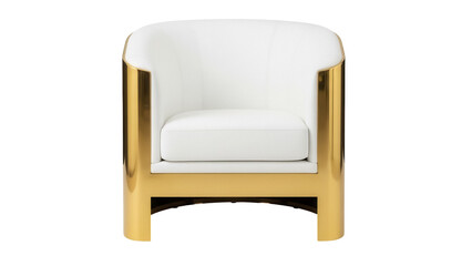 Fototapeta premium Modern white armchair with gold frame isolated PNG, stylish lounge chair for living room or office on transparent background