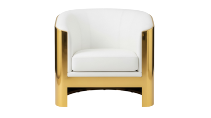 Modern white armchair with gold frame isolated PNG, stylish lounge chair for living room or office on transparent background