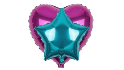 Fuchsia heart and teal star foil balloons isolated PNG, festive party decorations for birthdays and celebrations on transparent background
