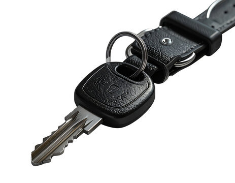 A High-Quality Close-Up Of A Single Metallic Car Key With A Black Textured Plastic Head Attached To A Stylish Leather Key Strap With Metal Studs, Isolated On A Clean Light Gray Neutral Background