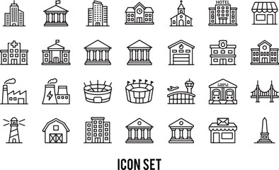 Collection of Modern Line Icons for Various Buildings and Structures. Editable line icons. Vector illustration