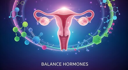 Hormonal Balance Concept with Uterus Illustration and Molecular Structures on a Blue Background
