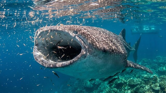 Whale shark showing its gaping mouth filled with small fish and plankton while actively filter feeding in clear blue ocean water above a coral reef, displaying marine life and underwater activity