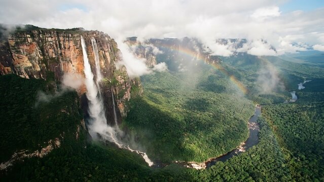 Angel falls plunges from au&ntilde;&aacute;n-tepui into a misty tropical valley in canaima national park, venezuela, with lush jungle below and a vibrant rainbow arching over the falls