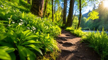 Lush Forest Trail in Springtime with Sunlight and Wildflowers by a Serene Riverbank