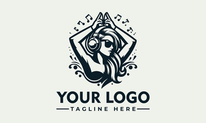 Vector logo design featuring a woman with a camera and music notes on a light green background, with space for a tagline.