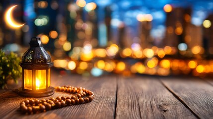 Serene Night Worship Atmosphere with Lantern and Prayer Beads Celebrating Ramadan