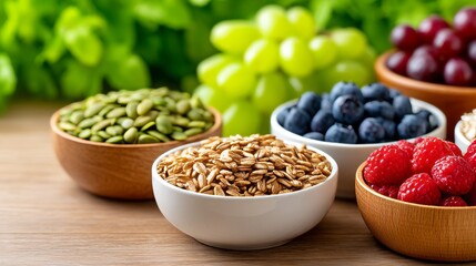 Fresh Healthy Foods Display with Whole Grains, Fruits, and Nutrient-Rich Seeds