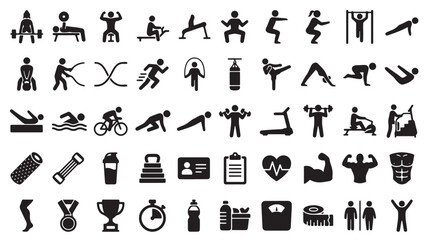 Obraz premium Black Silhouette Fitness Icons Set in Modern Minimalist Style with Simple Shapes and Lines for Health and Wellness Branding