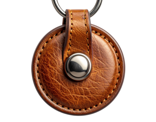 A Premium Close-Up Of A Circular Brown Leather Key Tag Or AirTag Holder Featuring Detailed Stitching And A Polished Metallic Snap Button, Isolated On A Solid Light Gray Background