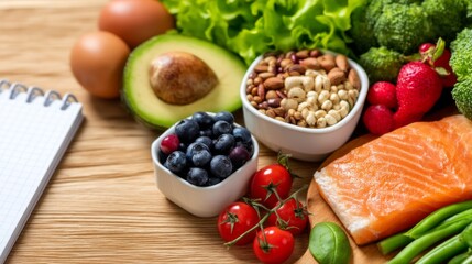 Fresh Ingredients for Healthy Nutrition Planning on a Wooden Desk with Notepad