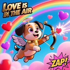 Cute Puppy Cupid Shooting Heart Arrow Over Rainbow &ndash; &ldquo;Love is in the Air&rdquo; Playful Valentine&rsquo;s Illustration for Social Media, Cards & Kids&rsquo; Content