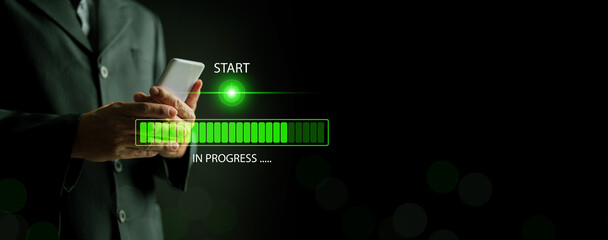 Green start button and digital progress bar loading on a smartphone. Workflow execution, process tracking technology, system startup, project stages, productivity, and business management concept.
