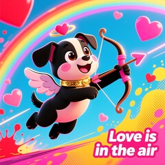 Cute Puppy Cupid with Bow & Arrow Flying Over Rainbow &ndash; &ldquo;Love is in the Air&rdquo; Playful Valentine&rsquo;s Illustration for Social Media, Cards & Kids&rsquo; Content