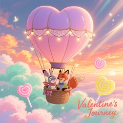 Cute Fox & Rabbit in Lavender Heart Balloon at Sunset &ndash; &ldquo;Valentine&rsquo;s Journey&rdquo; Romantic Fantasy Illustration for Cards, Social Media & Holiday Design