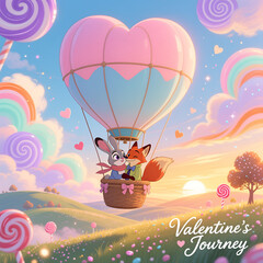 Cute Fox & Rabbit in Heart-Shaped Hot Air Balloon &ndash; &ldquo;Valentine&rsquo;s Journey&rdquo; Whimsical Romance Illustration for Cards, Social Media & Holiday Design
