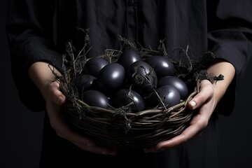 Person's hands holding a wicker basket filled with many naturally dyed black eggs