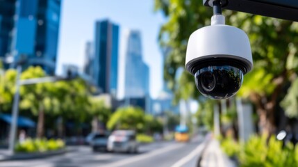 Urban Security Infrastructure Concept with Dome Surveillance Camera in City Background