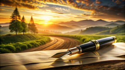 Elegant Fountain Pen Writing on Vintage Paper, Rustic Landscape Background