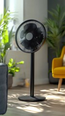 Modern standing fan in a cozy living space.