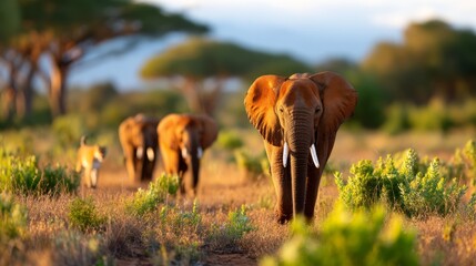 Majestic Male Elephant Leading a Herd Across the Savanna at Sunset in Africa