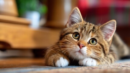 Curious Kitten with Big Eyes Gazing Intently in a Cozy Indoor Setting
