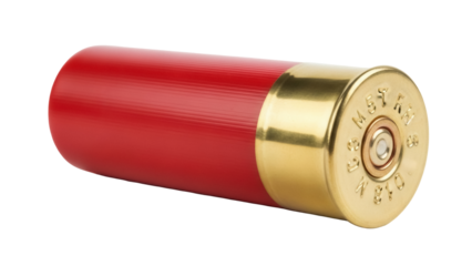 Red 12 Gauge Shotgun Shell isolated PNG, ammunition for hunting and sport shooting on transparent background