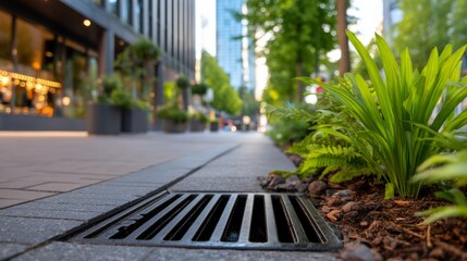 Urban Infrastructure with Drainage System and Lush Greenery Along City Walkway