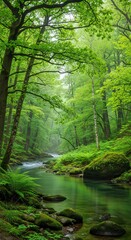 Fototapeta premium Lush green forest scene with river flowing through trees sunlight
