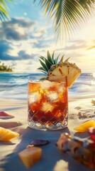 Tropical cocktail on sandy beach at sunset.