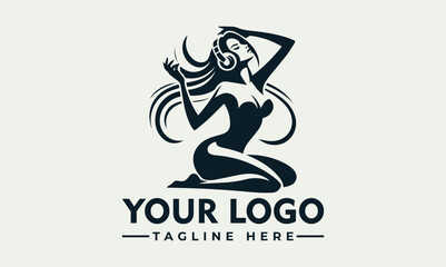 Vector logo design featuring a stylized woman with flowing hair and a dynamic pose, incorporating space for a custom logo and tagline on a clean background, related to music and branding.