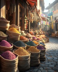 Vibrant market with colorful spice bags.