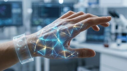 Human hand displaying a projected data network on skin while wearing a transparent wearable in a modern research lab, symbolizing futuristic ar, biotech and digital innovation