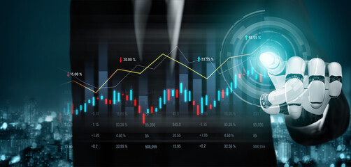 A robotic hand interacts with digital financial charts and data, symbolizing advanced technology in finance, investment analysis, and market growth strategies. Scalp