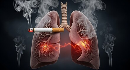 Conceptual medical illustration of human lungs damaged by smoking with a lit cigarette and dark smoke plumes