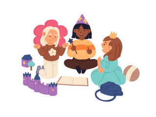 Naklejka premium Happy friends, little girls play games together in kindergarten. Children in carnival costumes have fun at daycare. Cute kids are in nursery. Flat isolated vector illustration on white background