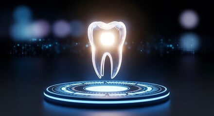 Futuristic 3D holographic projection of a human tooth on a digital glowing platform for dental technology concepts
