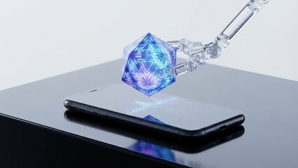 Robotic hand displaying advanced ai technology and innovation, holding a glowing multifaceted data crystal above a modern smartphone, symbolizing future connectivity and digital interaction