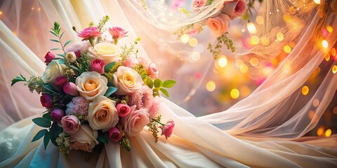 Elegant Wedding Floral Arrangement with Draped Fabric - Double Exposure Stock Photo