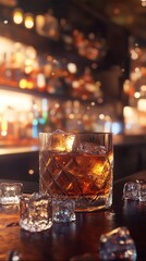 A glass of whiskey with ice on a wooden bar.