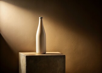 Elegant White Bottle on Beige Pedestal - Minimalist Night Photography