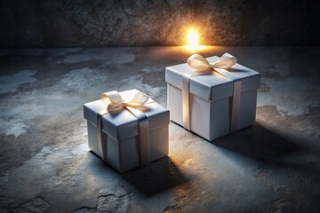 Elegant White Gift Boxes Mockup on Gray Concrete, Night Photography