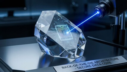Precise laser scans a microchip embedded in crystal, highlighting back-of-die architecture and glowing blue security cores for futuristic data protection and quantum-ready hardware research