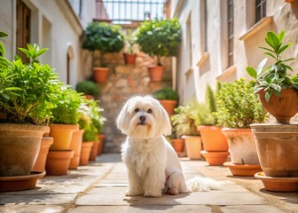 Elegant White Maltese Dog Posing in a Sunlit Mediterranean-Style Courtyard