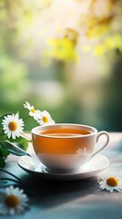 A serene cup of tea with fresh daisies.
