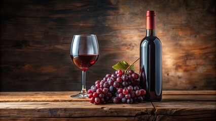 Elegant Wine Bottle, Glass, and Grapes on Wooden Table - Stock Photo