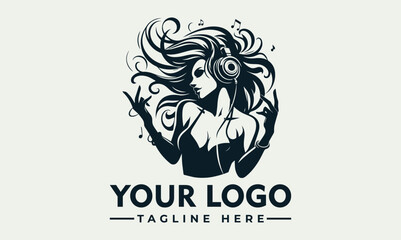 A black and white vector logo design featuring a stylized woman with headphones and flowing hair, accompanied by a customizable logo and tagline on a light green background.
